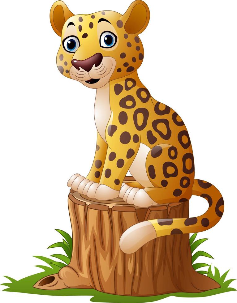 leopardo de dibujos animados sentado en un tocón de árbol vector