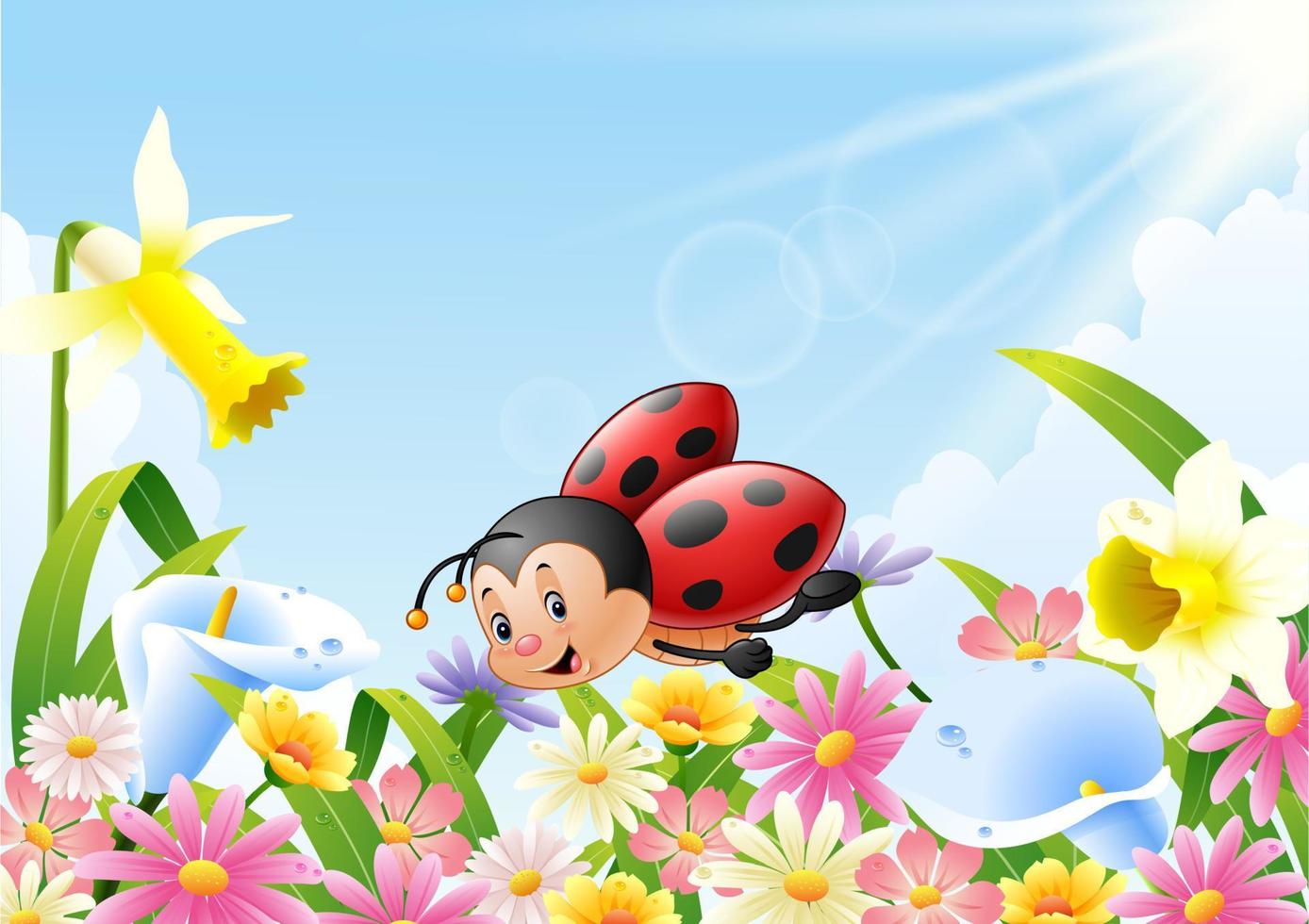 mariquita divertida de dibujos animados volando sobre el campo de flores vector