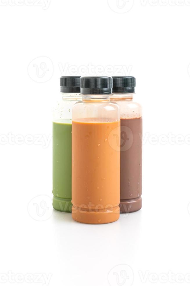 chocolate, Thai milk tea and Matcha green tea in plastic bottle photo
