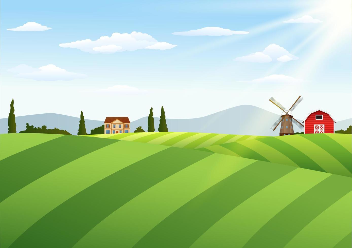 paisaje de granja con granero y molino de viento vector