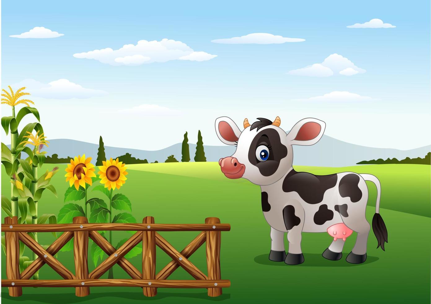 vaca de dibujos animados con fondo de granja vector