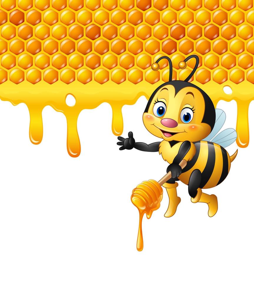 Cartoon bee holding dipper with honeycomb and honey dripping vector