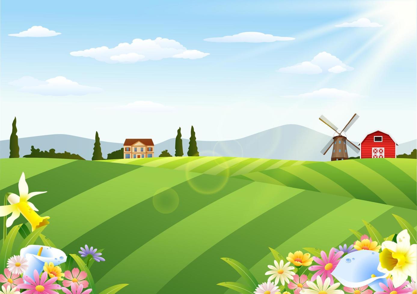 Rural landscape with blooming flowers at spring time vector