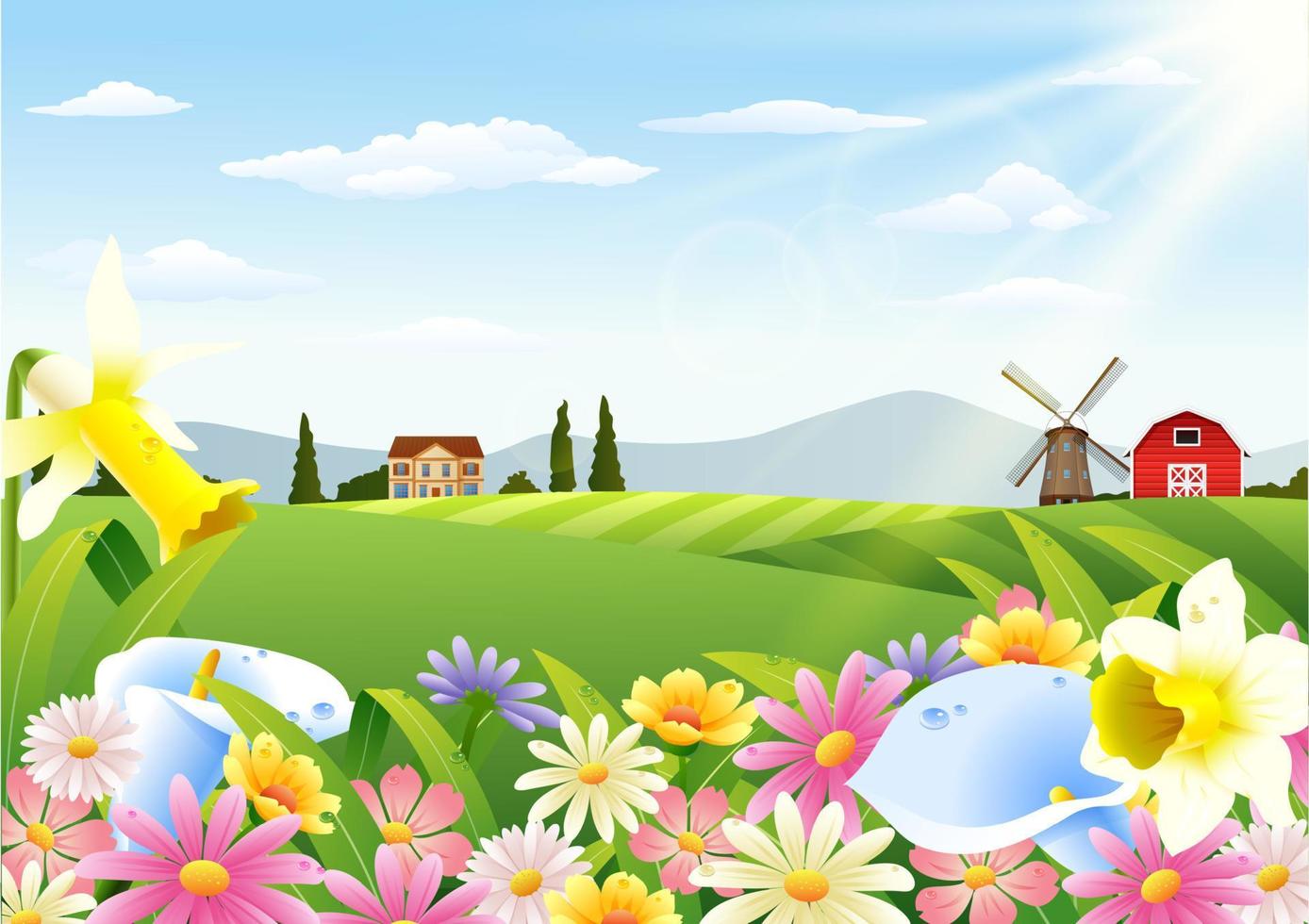 Rural landscape with blooming flowers at spring time vector