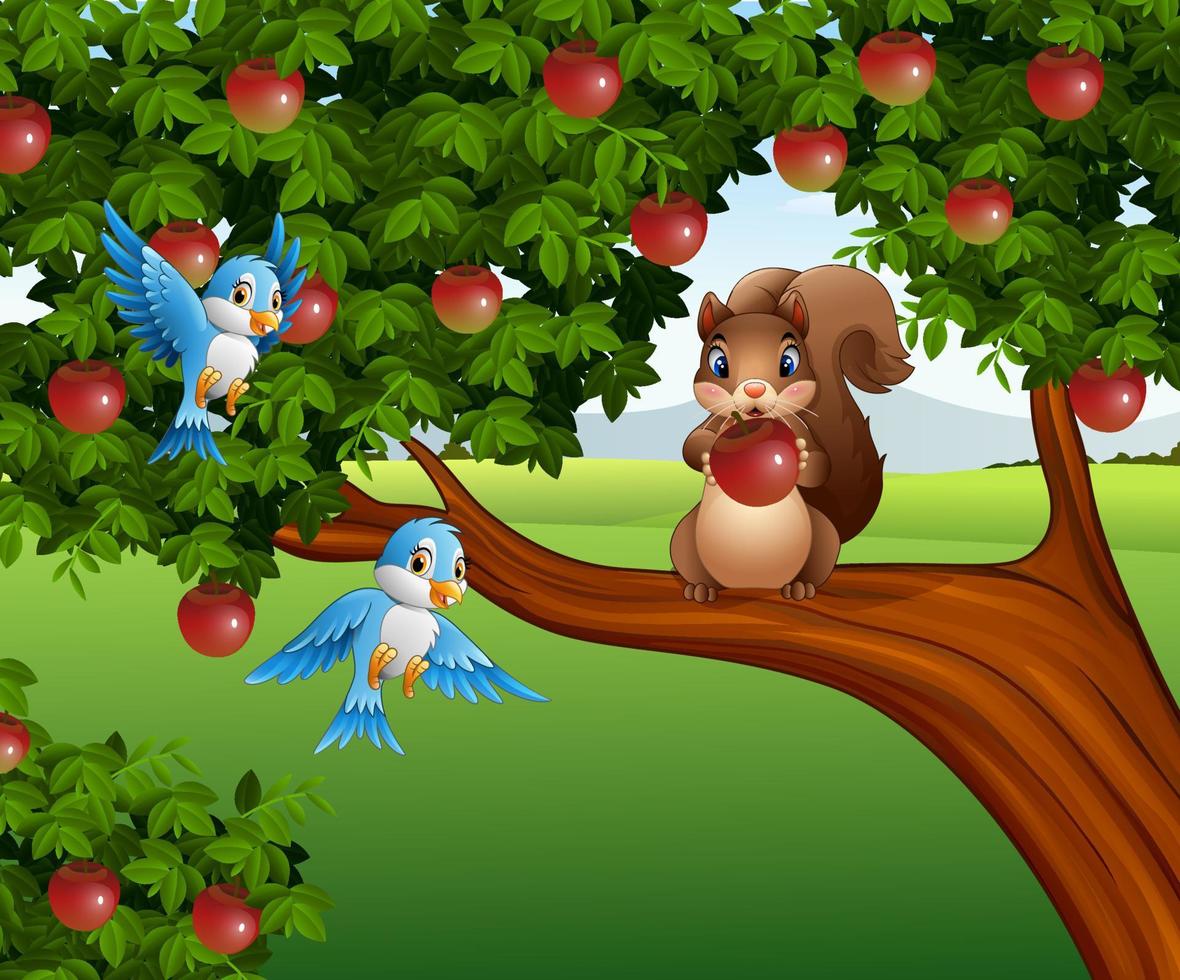 Cartoon squirrel on the apple tree vector