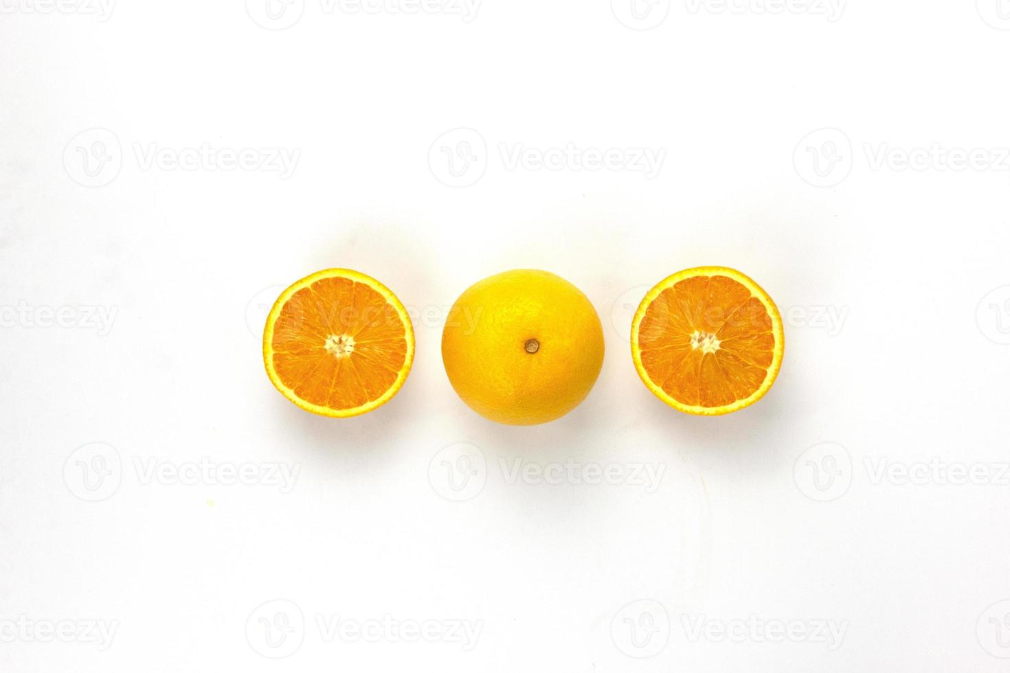 Set of Juicy Oranges cut isolated and arranged on white background, Healthy orange photography concepts, top view design photo