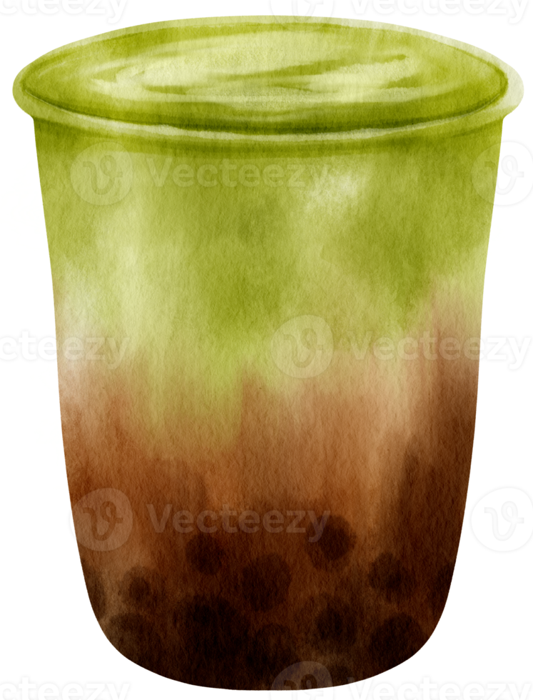 green tea matcha bubble tea watercolor illustration png