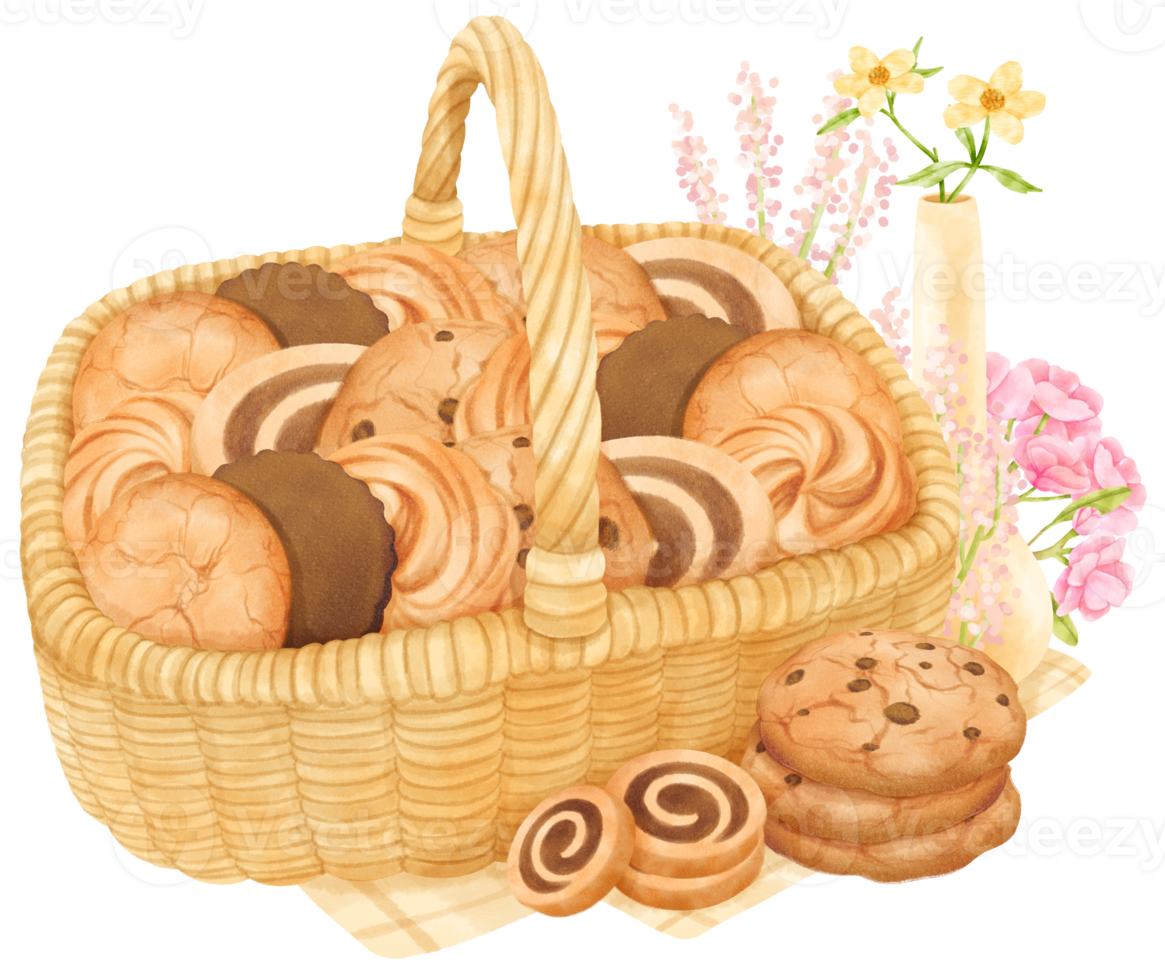 cesta de biscoitos aquarela png