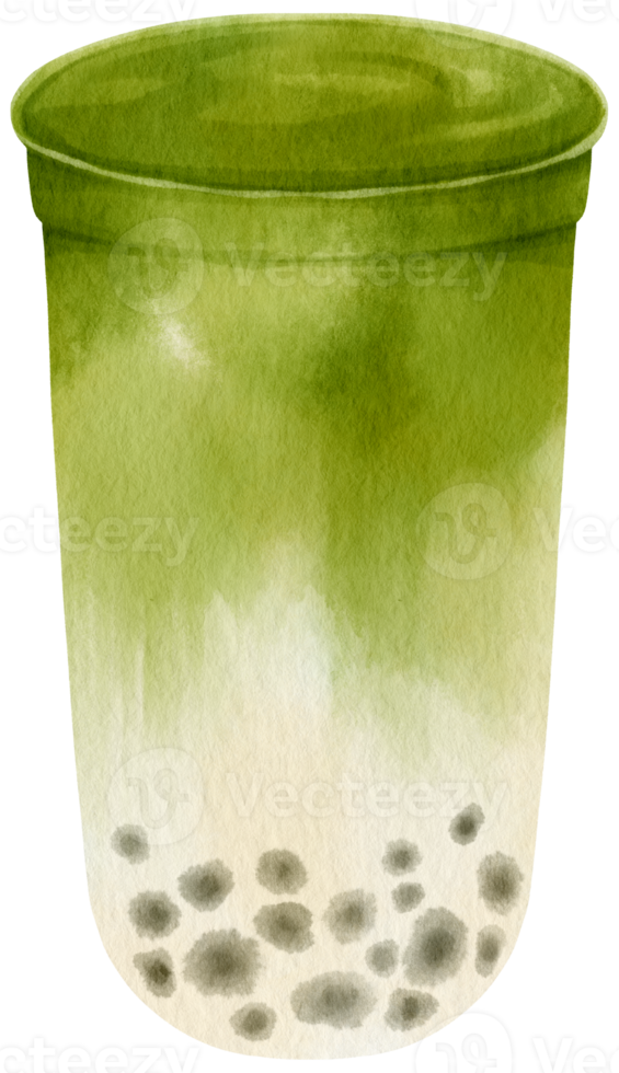 green tea matcha bubble tea watercolor illustration png