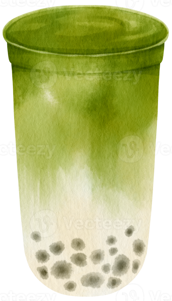 green tea matcha bubble tea watercolor illustration png