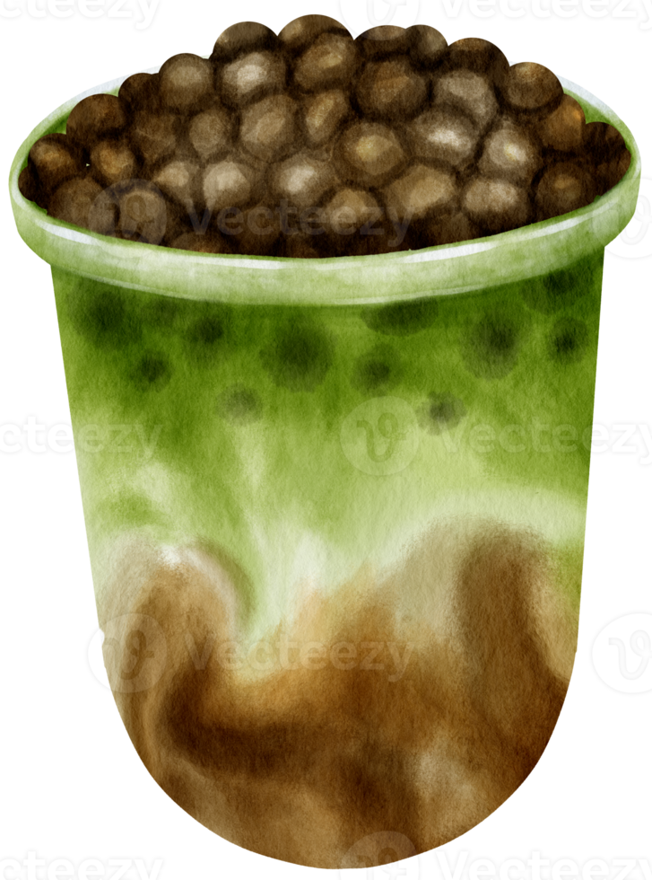 green tea matcha bubble tea watercolor illustration png
