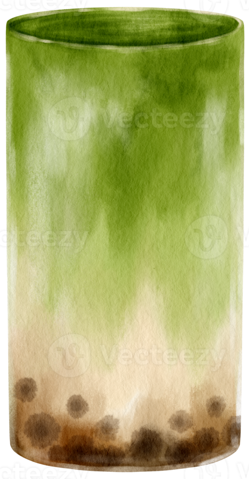 green tea matcha bubble tea watercolor illustration png