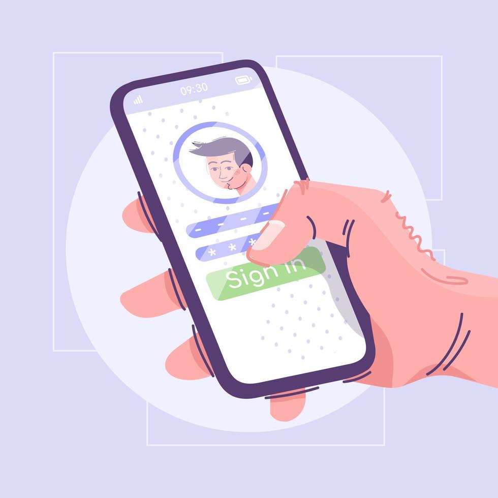 User authorization flat vector illustration. Personal account, safety measure cartoon concept. Unauthorized access protection idea. Hand holding smartphone with sign in button, entering password