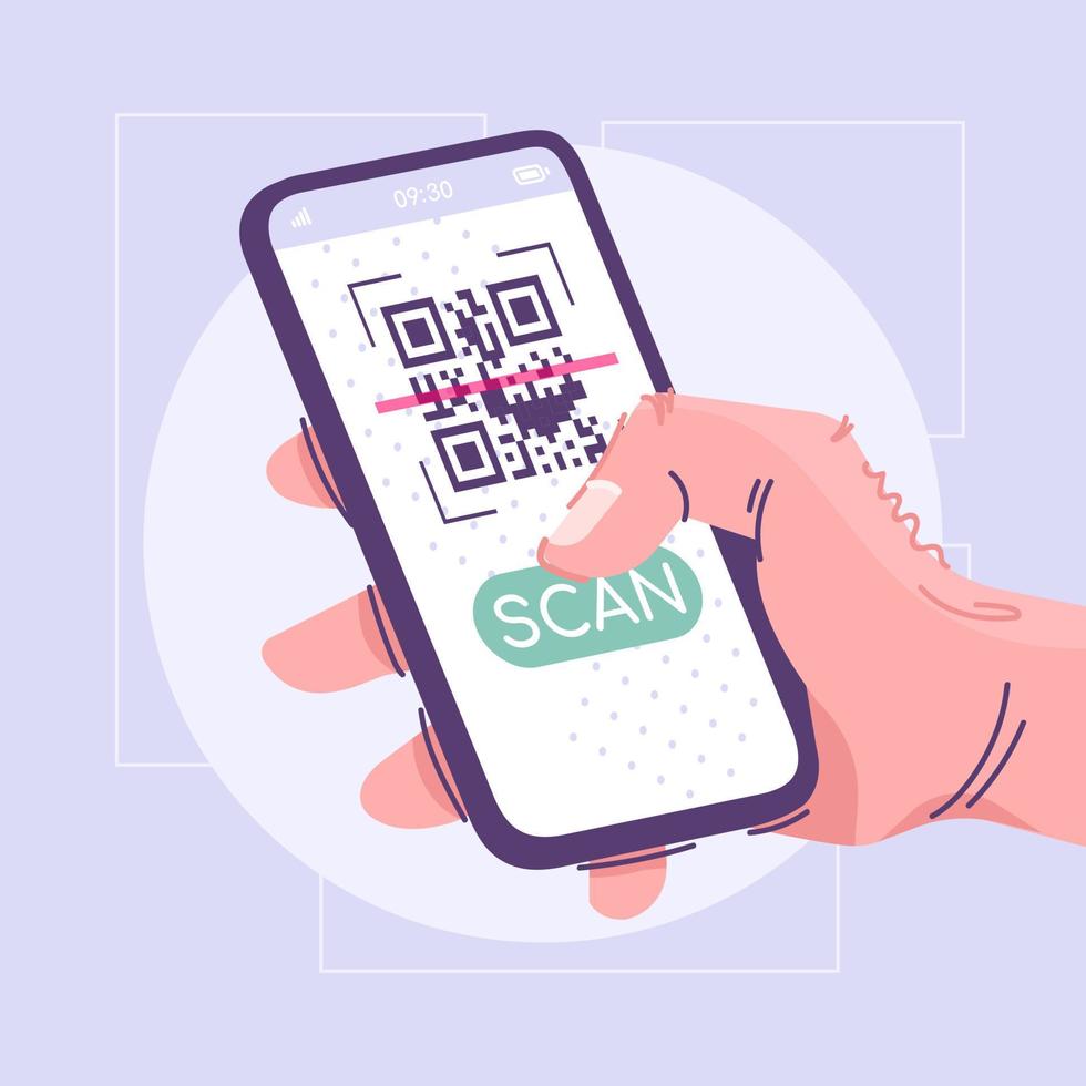 QR code scanning app flat vector illustration. Binary identification system cartoon concept. Mobile scanner application idea. Hand holding smartphone with button on display. Modern smart technology