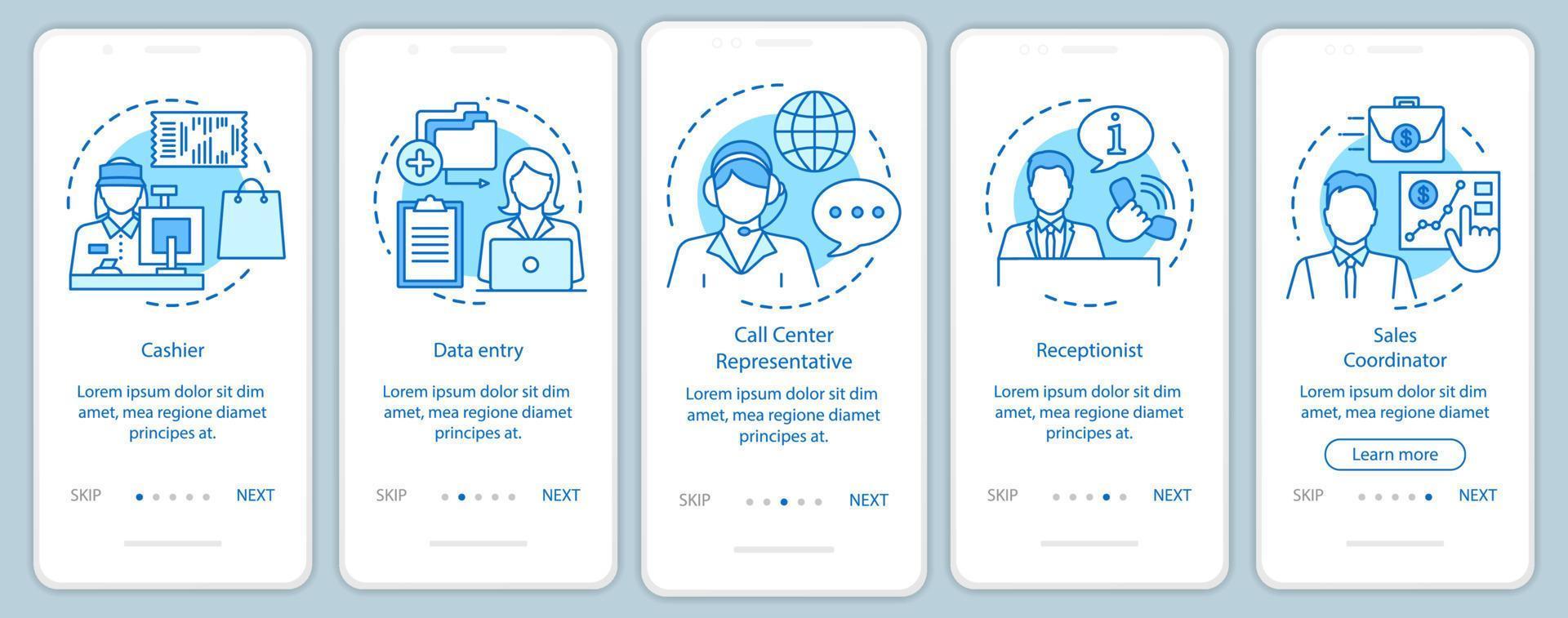 Finding part time jobs blue onboarding mobile app page screen with linear concepts. Receptionist, cashier walkthrough steps graphic instructions. UX, UI, GUI vector template with illustrations