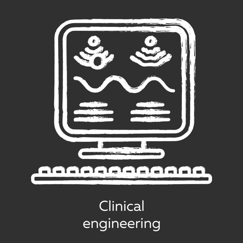 Clinical engineering chalk icon. Healthcare technology management. Biomedical ultrasound equipment usage. Modern medical computer examination. Bioengineering. Isolated vector chalkboard illustration