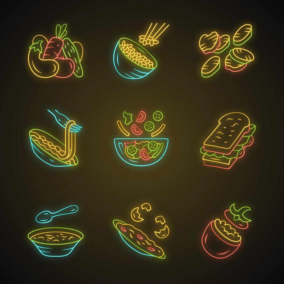 Restaurant menu dishes neon light icons set. Salads, soup, main dishes. Rice, grilled vegetables, omelette, pasta, sandwich. Nutritious food. Glowing signs. Vector isolated illustrations