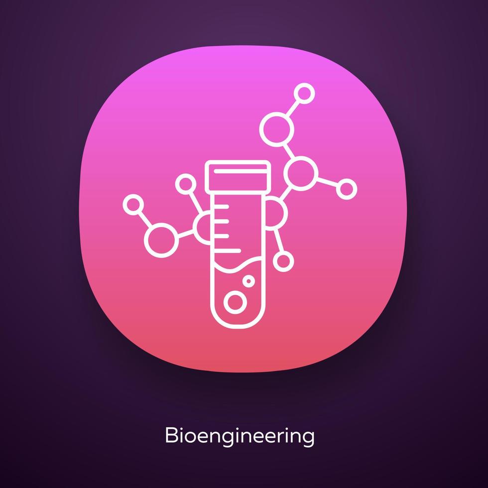 Bioengineering app icon. Biological engineering. Test tube, molecule. Biochemistry, biotechnology. Laboratory equipment. UI UX user interface. Web or mobile application. Vector isolated illustration