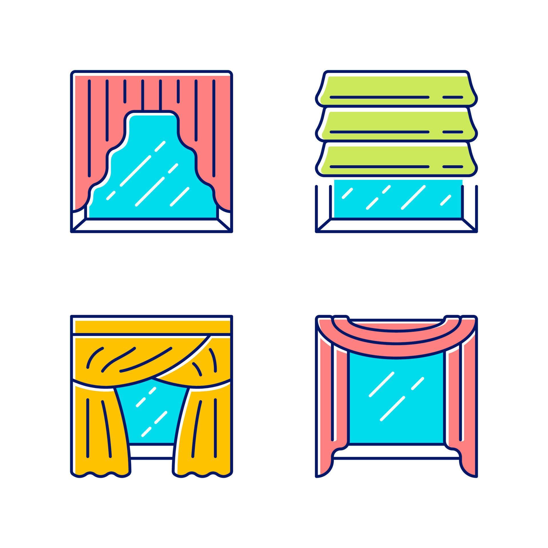 Window drapes color icons set. Roman shades, swags, priscilla curtains