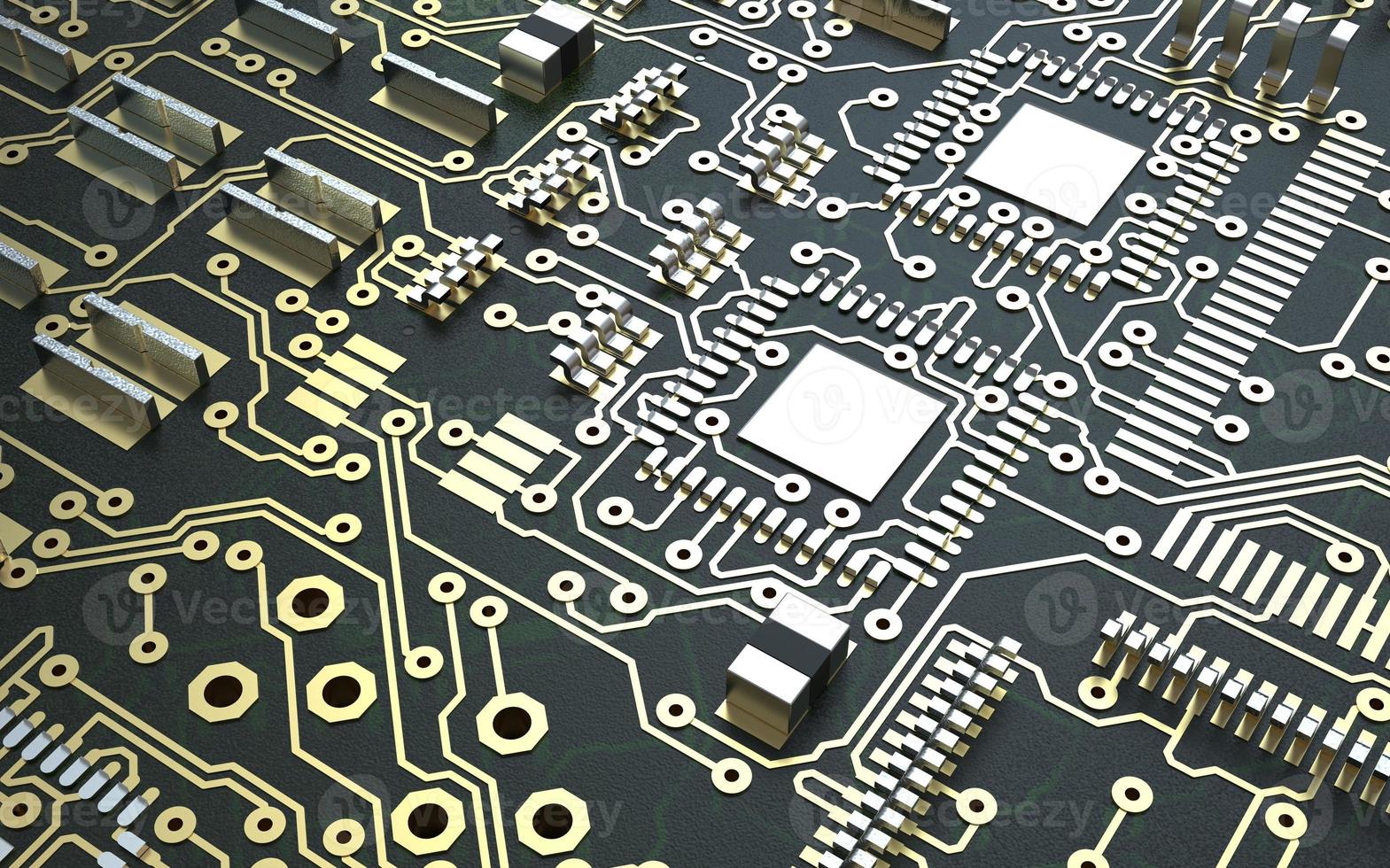 processor chip on a printed circuit board in red backlight. 3d illustration on the topic of technology and the power of artificial intelligence. photo