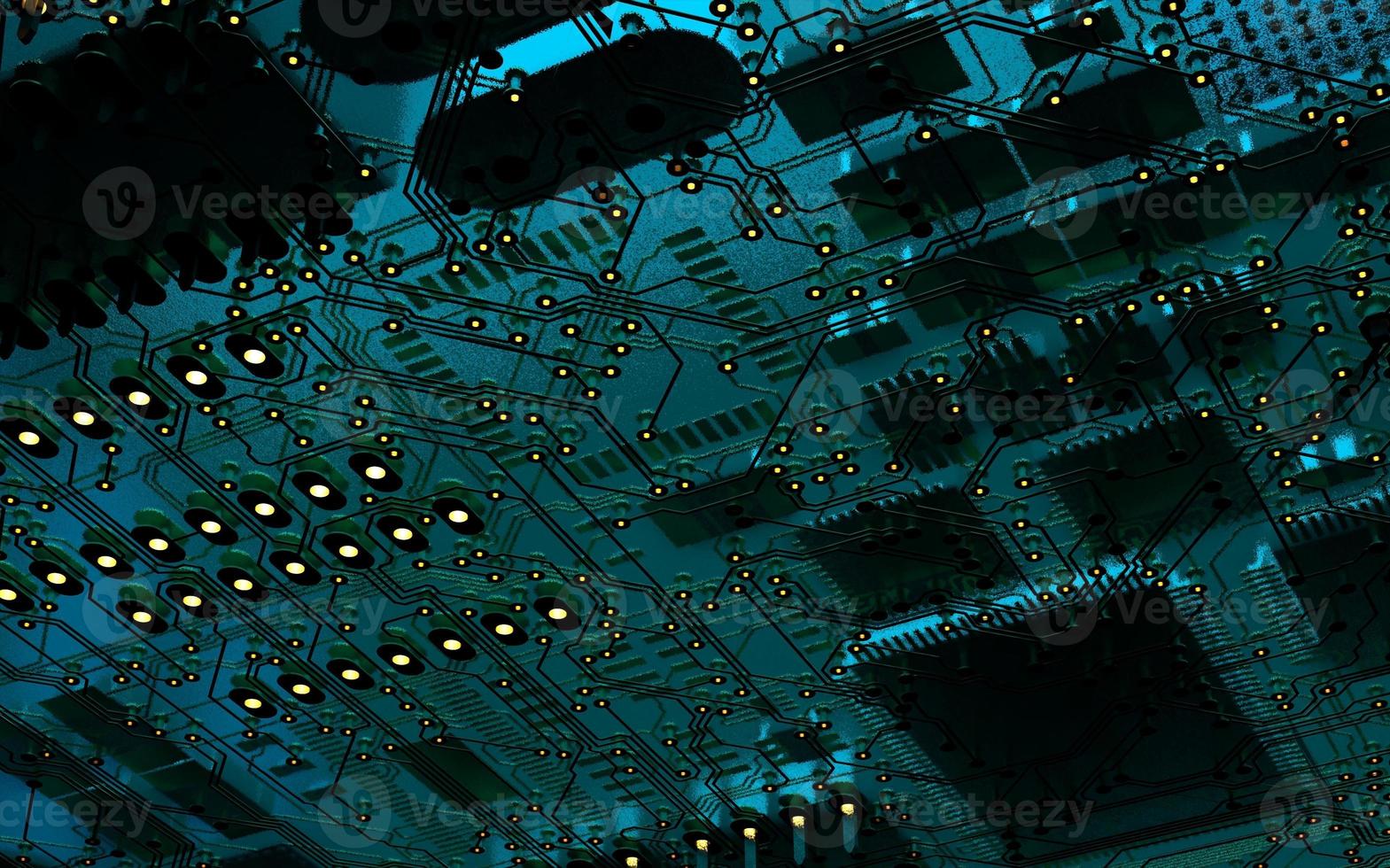 processor chip on a printed circuit board in red backlight. 3d illustration on the topic of technology and the power of artificial intelligence. photo