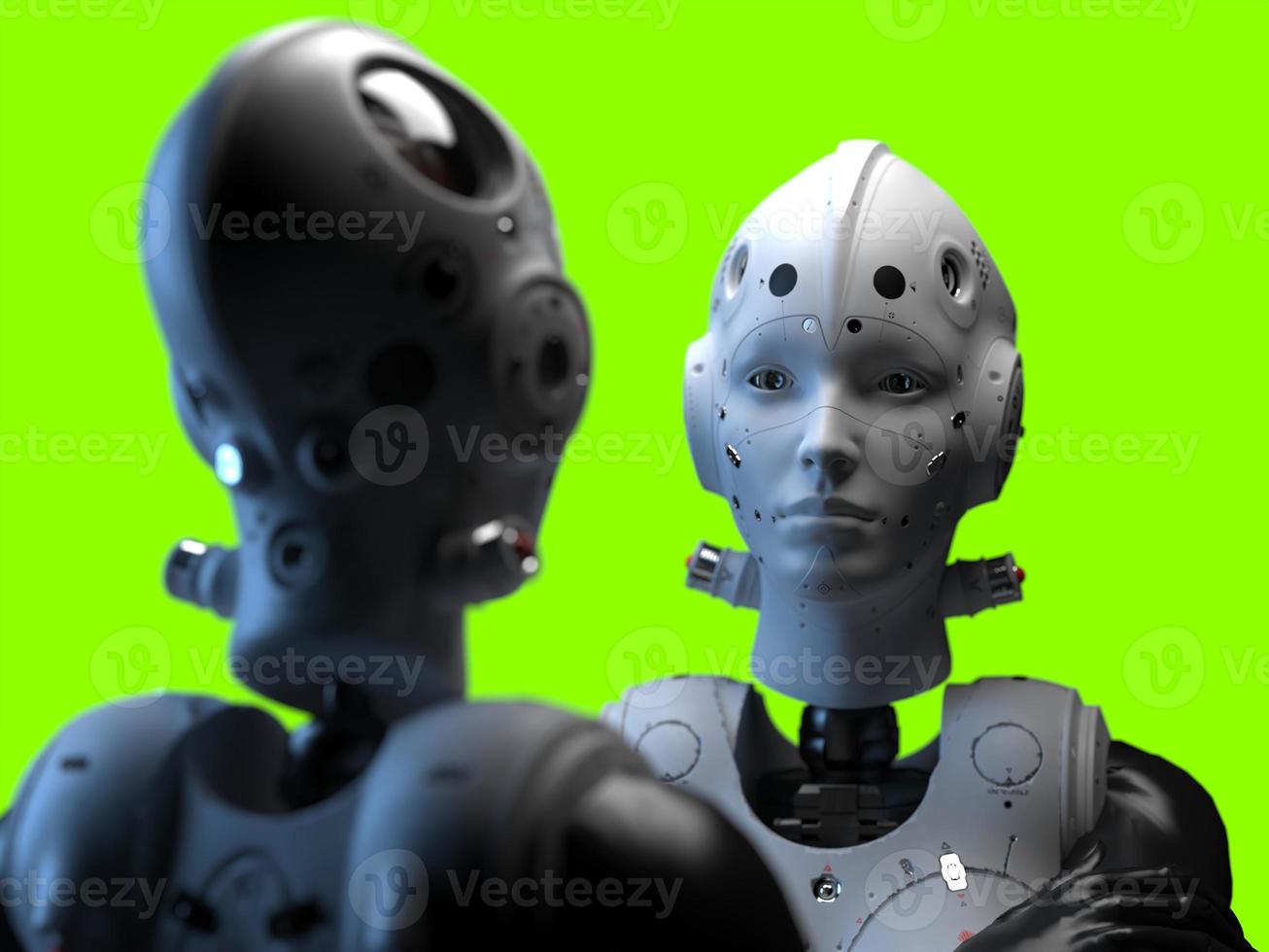 portrait of three robots close-up. isolated 3d illustration for use with dark background photo