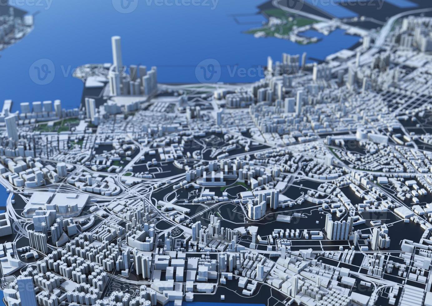 big city in the mountains top view. illustration in casual graphic design. fragments New York 3D render photo