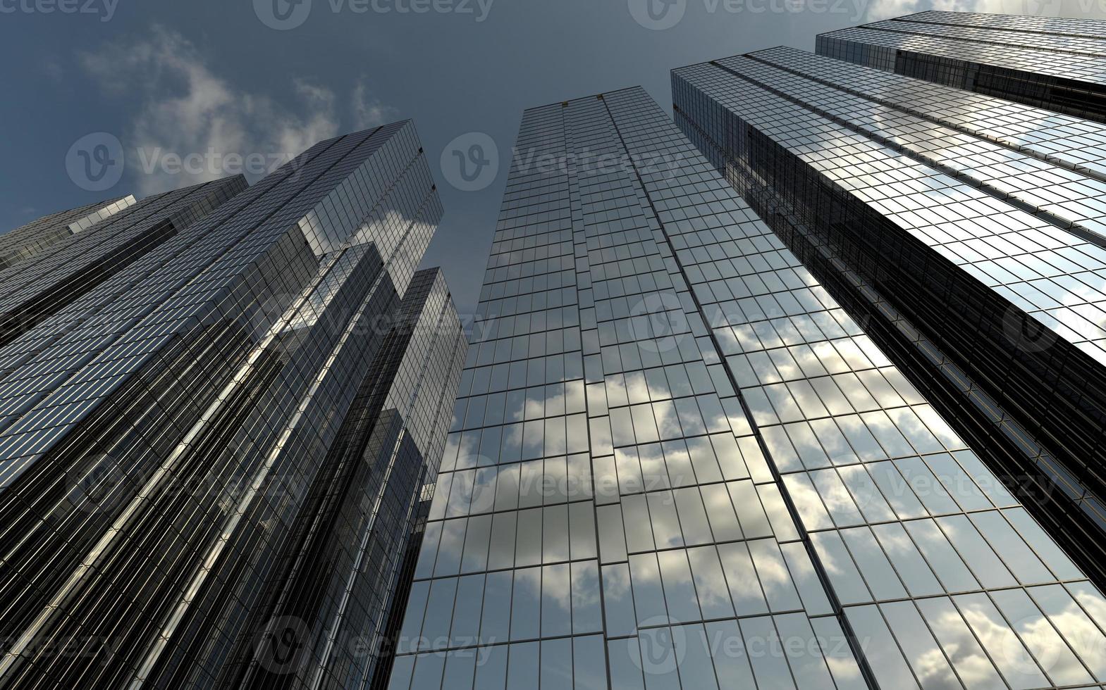 edificios modernos de gran altura contra el cielo. Ilustración 3d sobre el tema del éxito empresarial y la tecnología. foto