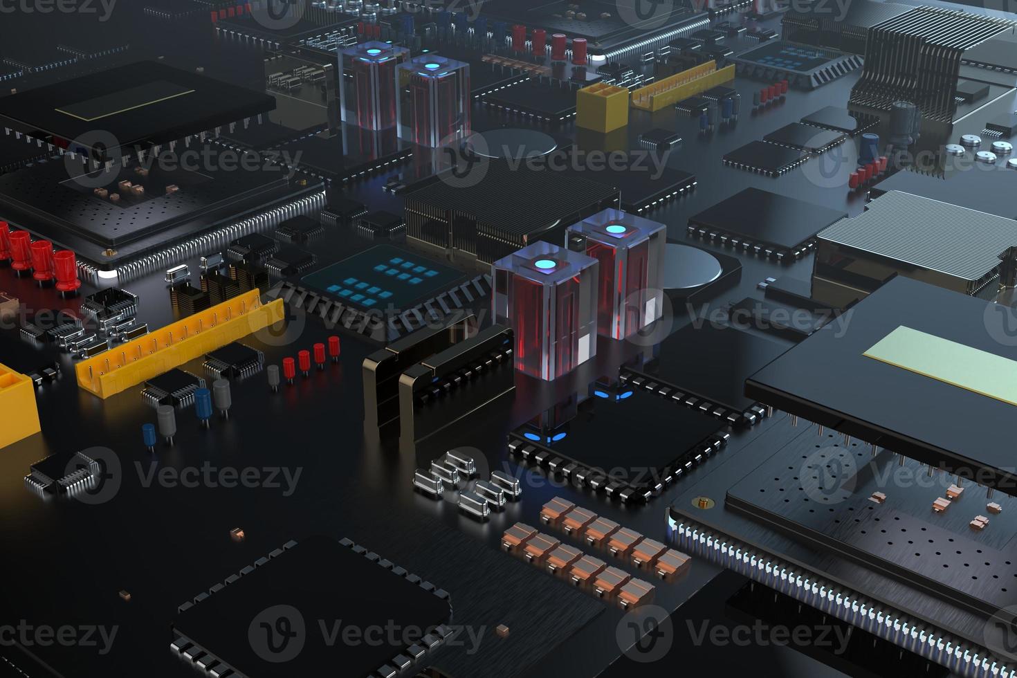 printed circuit board with microchips, processors and other computer parts on a dark background. 3d render photo