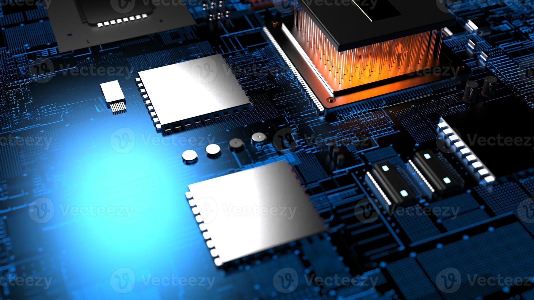 processor chip on a printed circuit board in red backlight. 3d illustration on the topic of technology and the power of artificial intelligence. photo