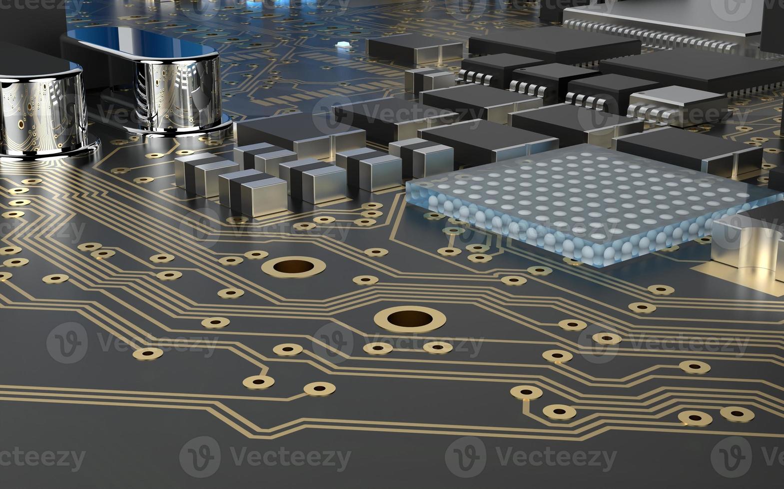 processor chip on a printed circuit board in red backlight. 3d illustration on the topic of technology and the power of artificial intelligence. photo