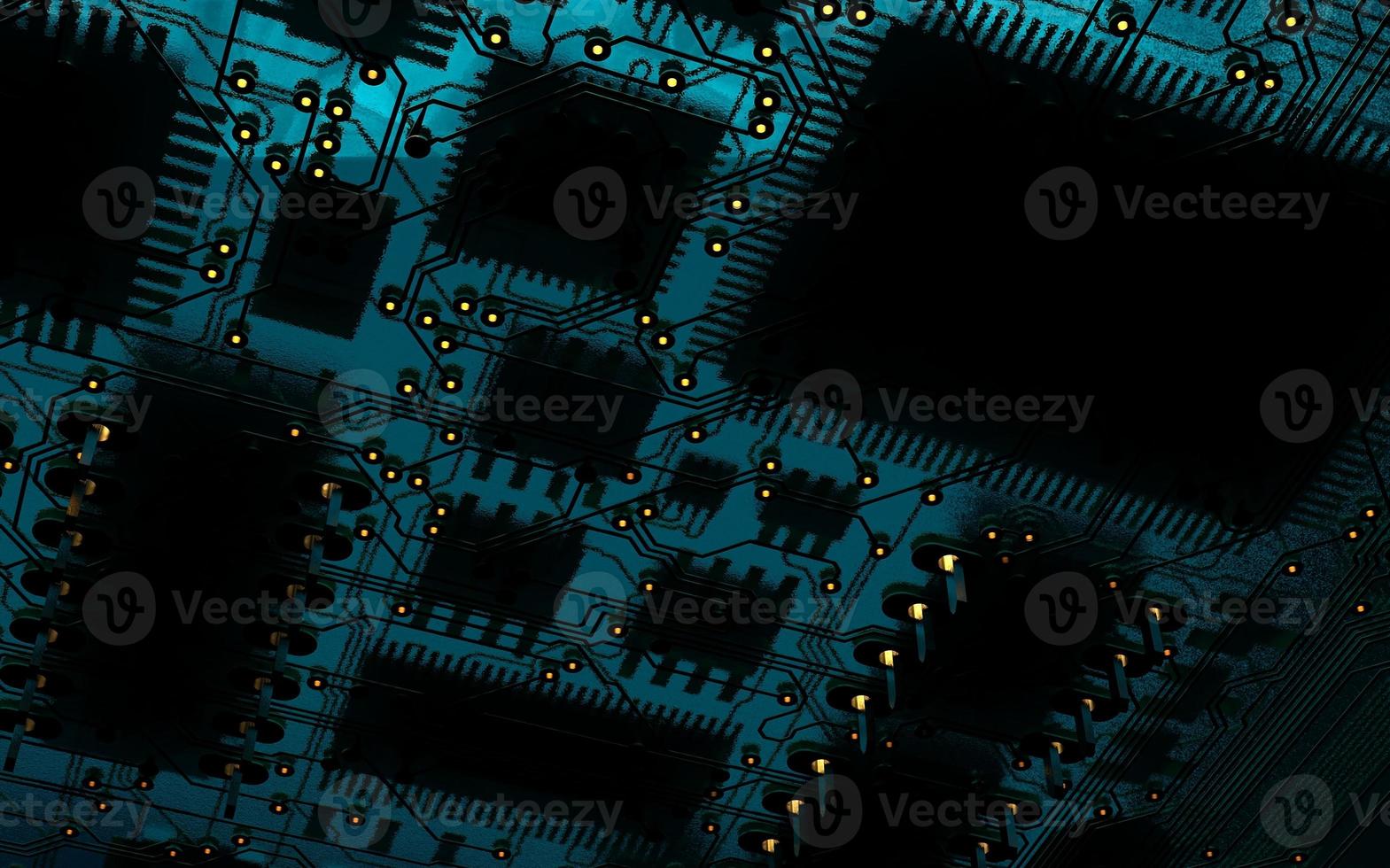 processor chip on a printed circuit board in red backlight. 3d illustration on the topic of technology and the power of artificial intelligence. photo