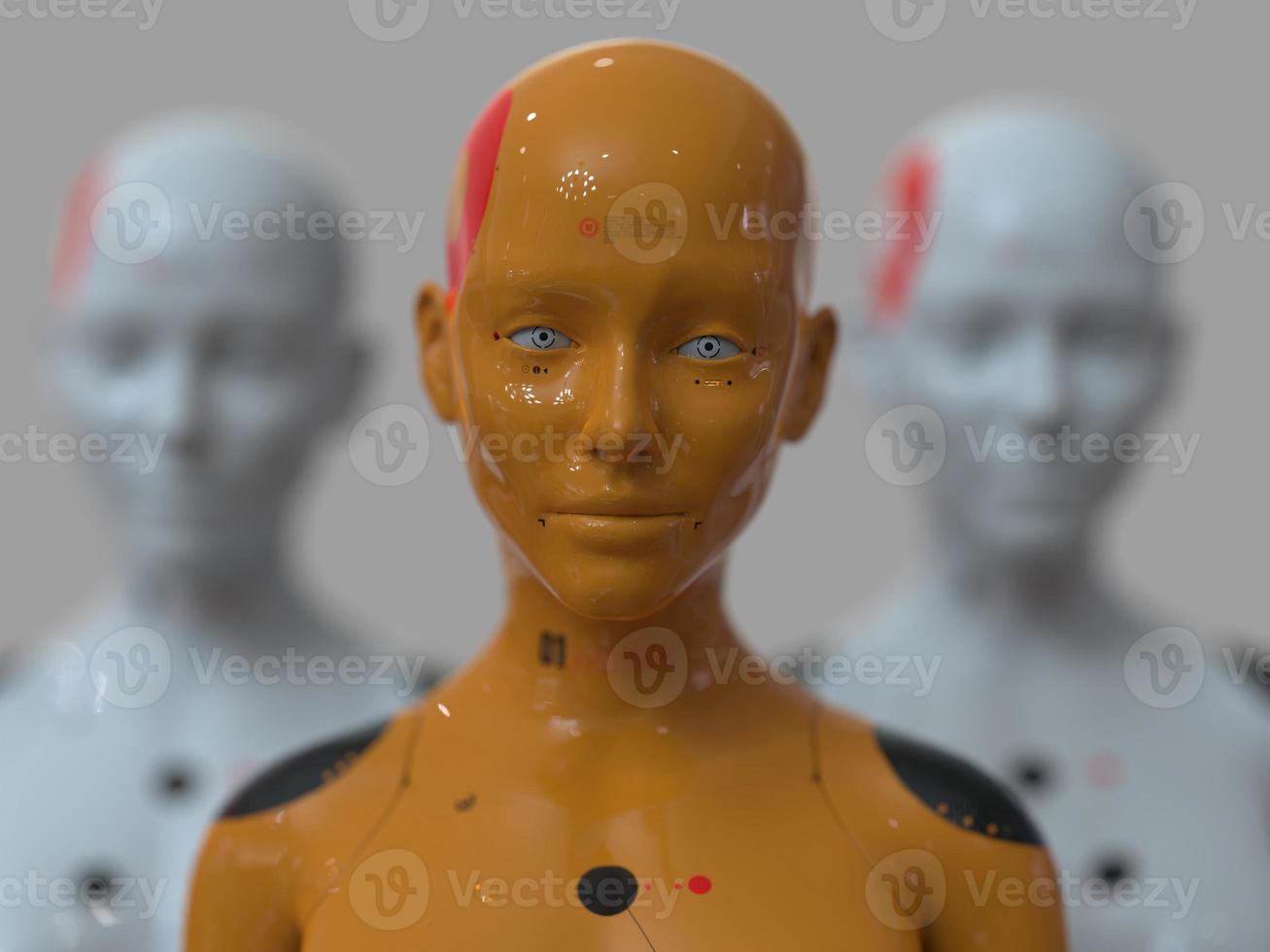 group of robots standing in rows industrial production concept photo