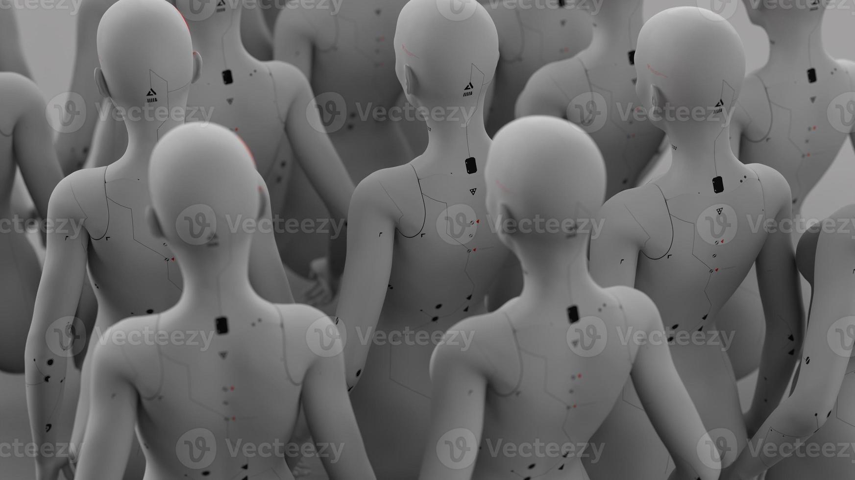 group of robots in female image standing in rows artificial intelligence and robotics concept photo