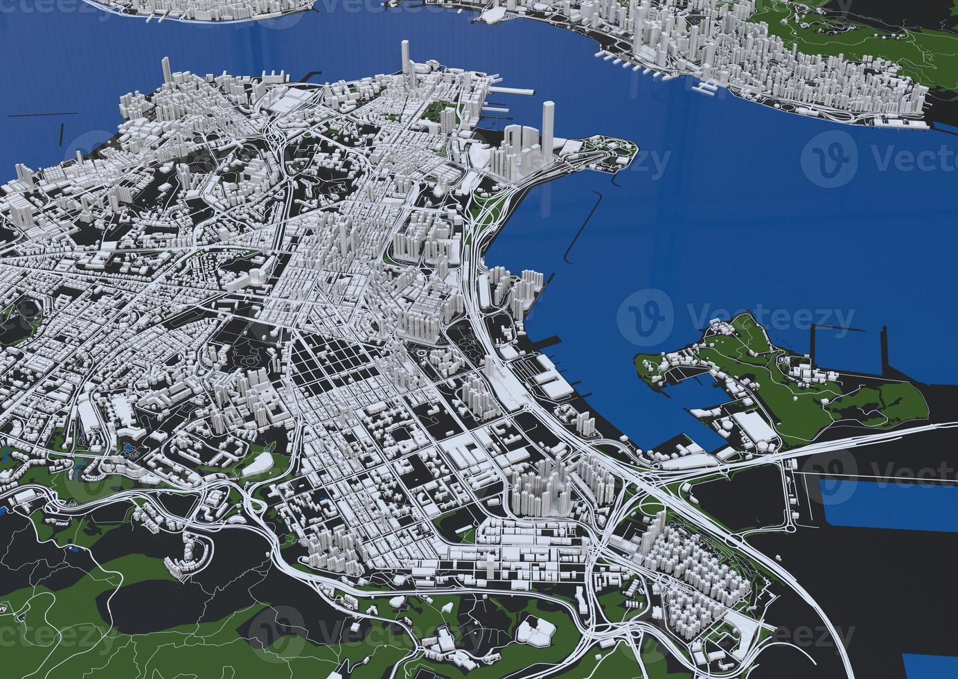 big city in the mountains top view. illustration in casual graphic design. fragments New York 3D render photo