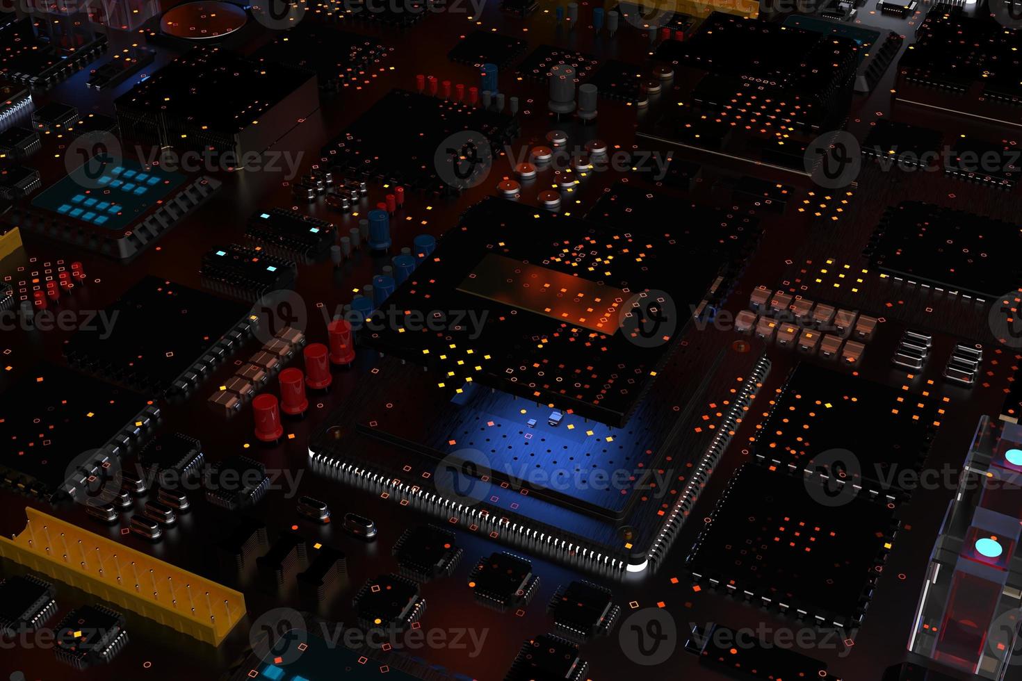 printed circuit board with microchips, processors and other computer parts on a dark background. 3d render photo