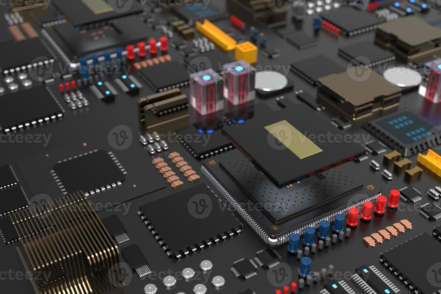 printed circuit board with microchips, processors and other computer parts on a dark background. 3d render photo