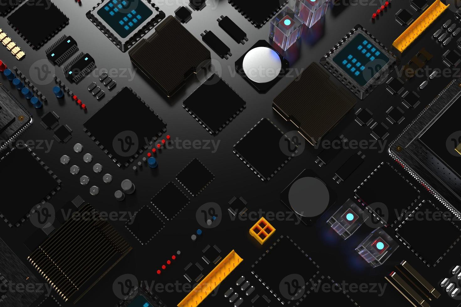 processor chip on a printed circuit board in red backlight. 3d illustration on the topic of technology and the power of artificial intelligence. photo