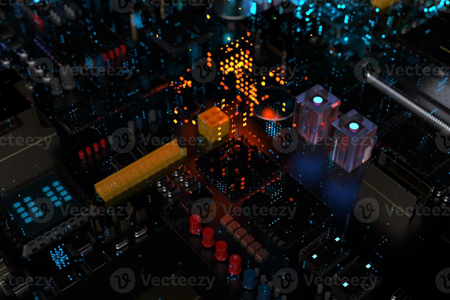 processor chip on a printed circuit board in red backlight. 3d illustration on the topic of technology and the power of artificial intelligence. photo