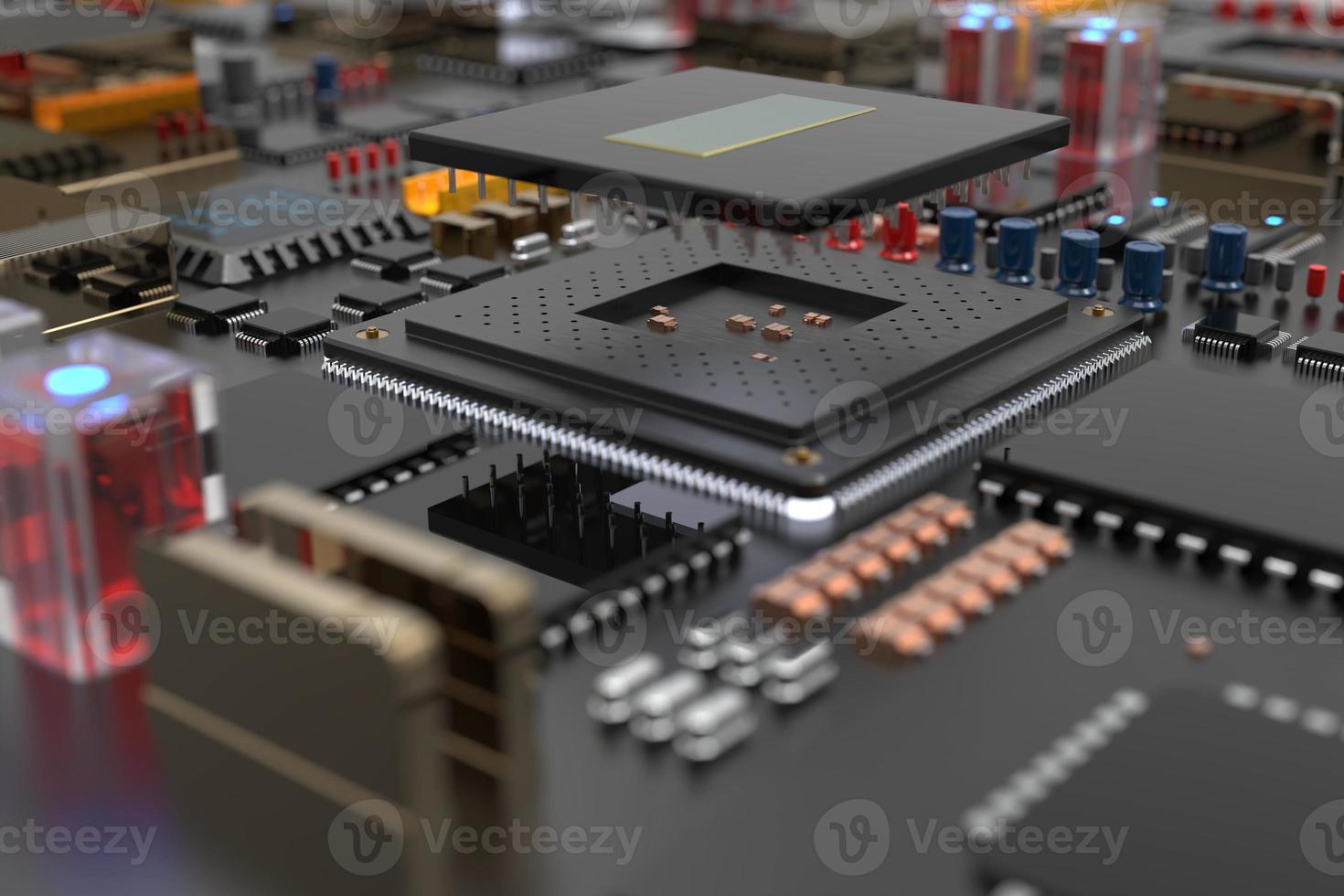 printed circuit board with microchips, processors and other computer parts. 3D render on the topic of technology and large computing power photo