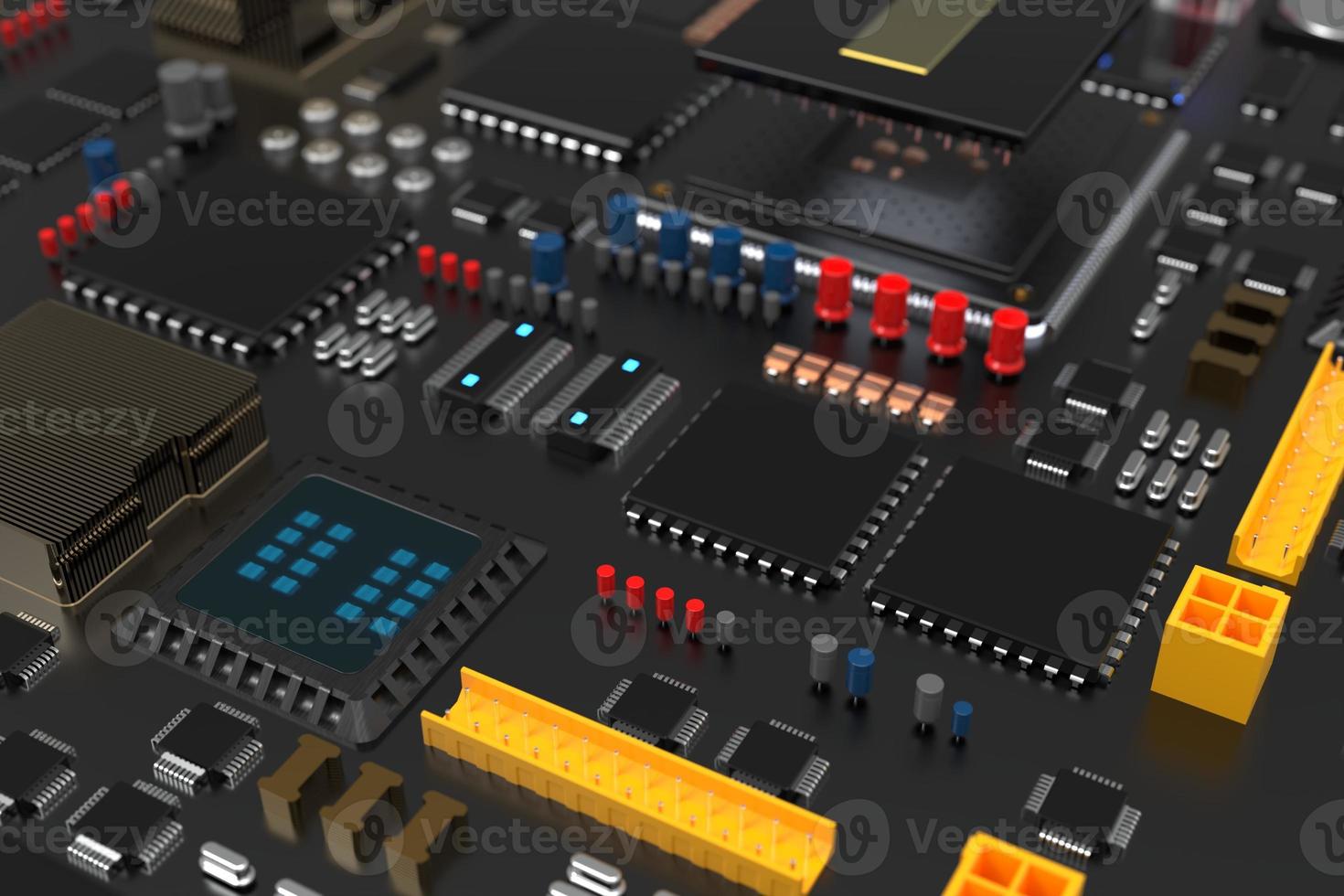 placa de circuito impreso con microchips, procesadores y otras partes de la computadora. 3D Render sobre el tema de la tecnología y la gran potencia informática foto