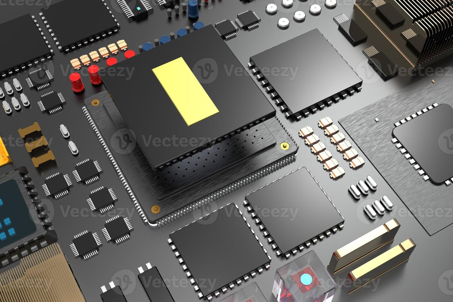placa de circuito impreso con microchips, procesadores y otras partes de la computadora. 3D Render sobre el tema de la tecnología y la gran potencia informática foto