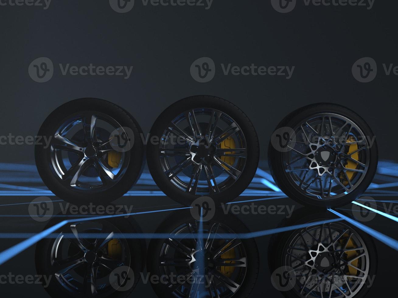 auto wheel with chrome disks close-up on a dark background. 3d render photo
