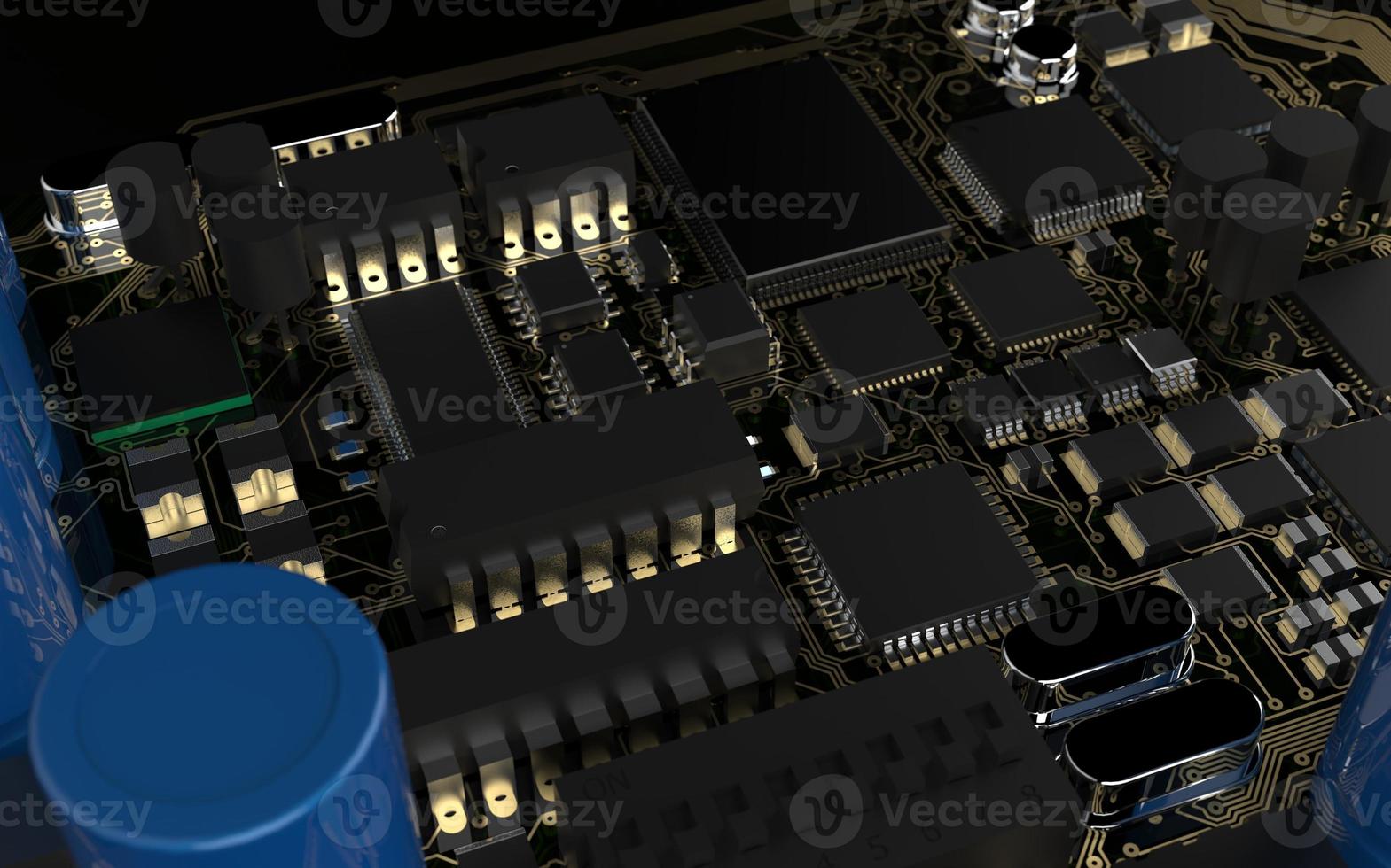 processor chip on a printed circuit board in red backlight. 3d illustration on the topic of technology and the power of artificial intelligence. photo