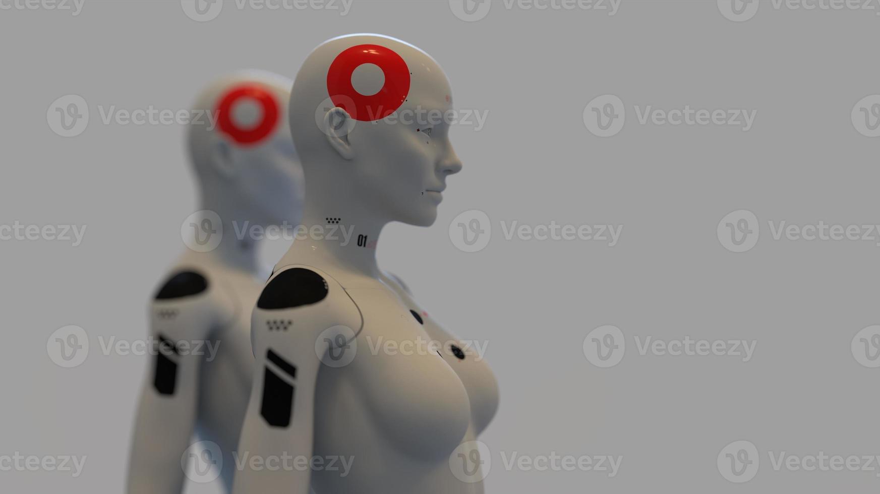 group of robots in female image standing in rows artificial intelligence and robotics concept photo