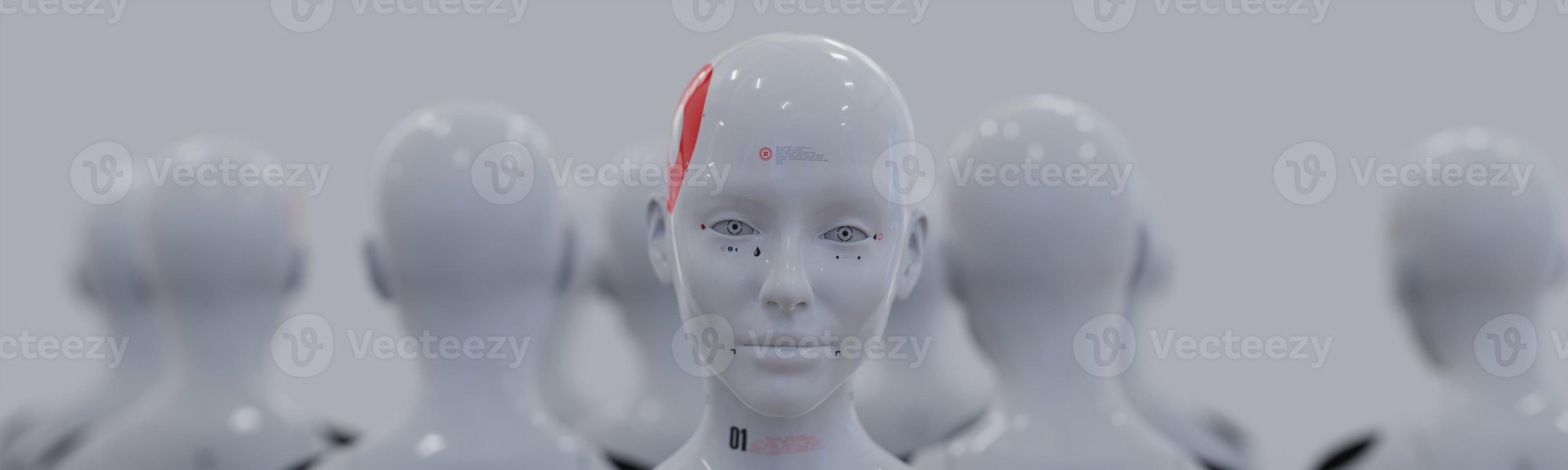 group of robots in female image standing in rows artificial intelligence and robotics concept photo