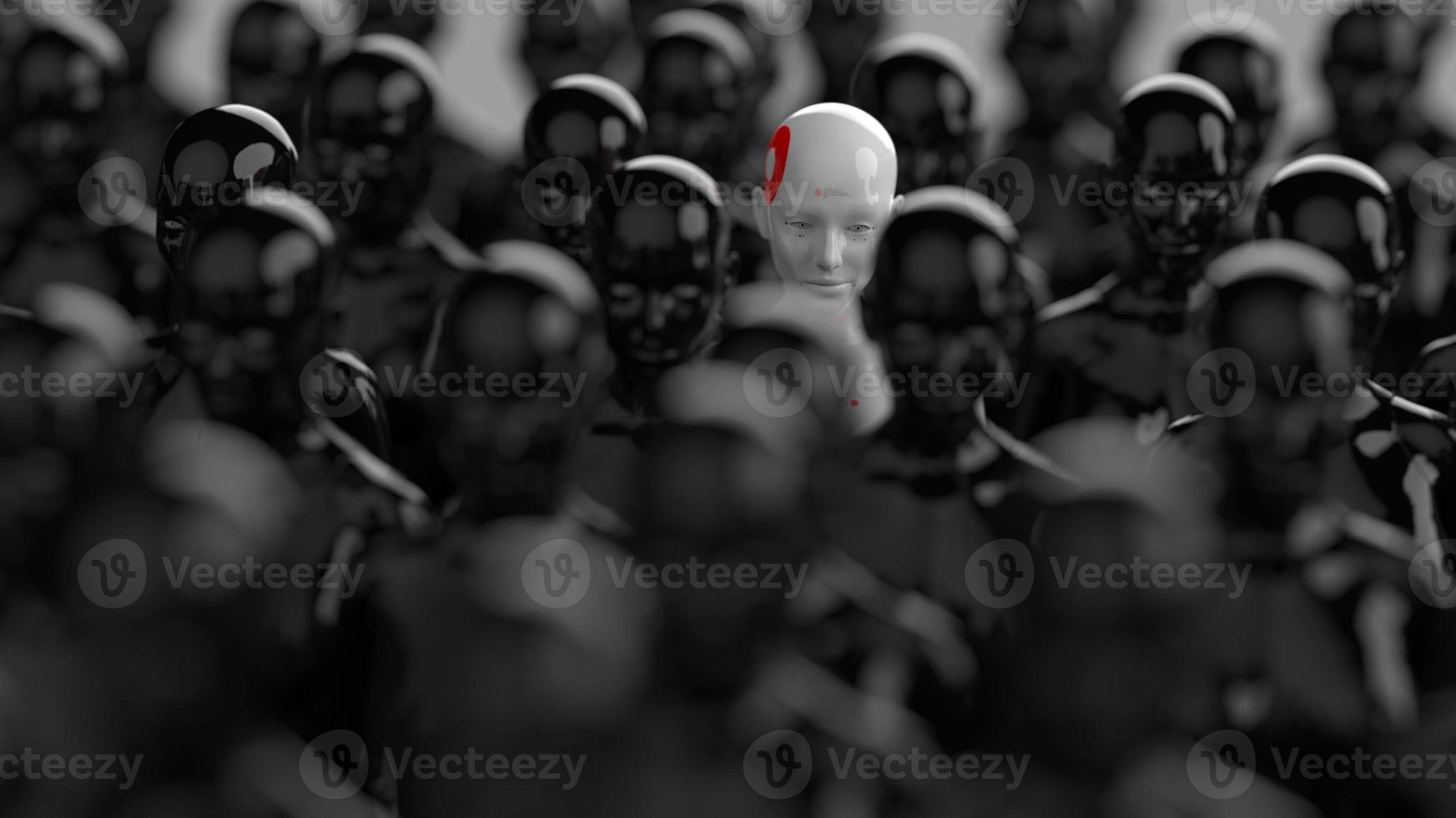 group of robots in female image standing in rows artificial intelligence and robotics concept photo