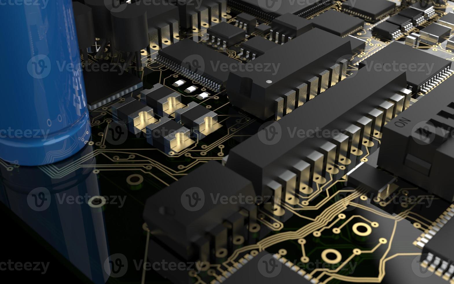 processor chip on a printed circuit board in red backlight. 3d illustration on the topic of technology and the power of artificial intelligence. photo