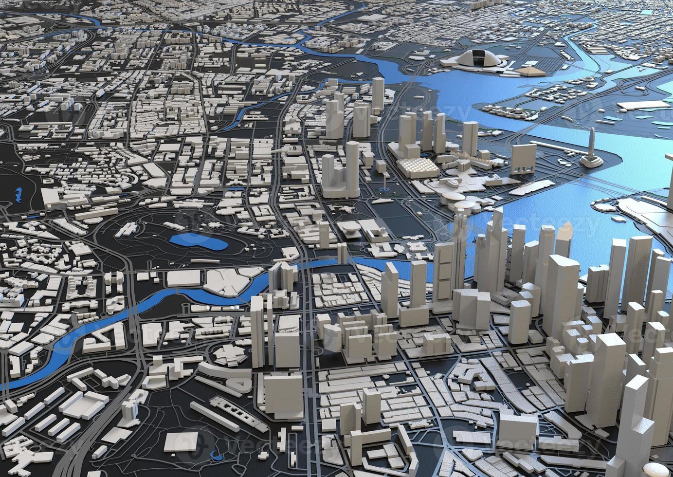 big city in the mountains top view. illustration in casual graphic design. fragments New York 3D render photo