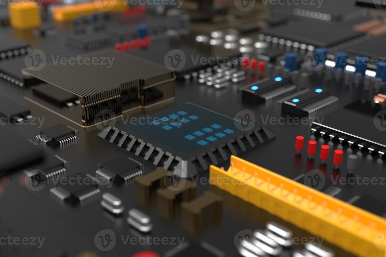 printed circuit board with microchips, processors and other computer parts. 3D render on the topic of technology and large computing power photo